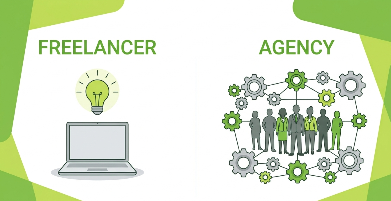 A Telegram Ads Agency Comparison split-screen illustration contrasting a freelancer laptop with agency team gears.