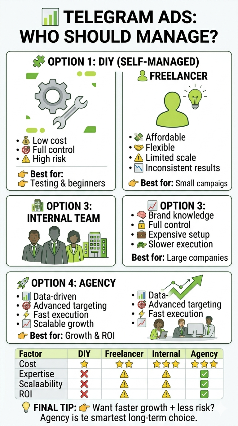 Detailed infographic for Telegram Ads Agency Comparison weighing DIY, freelancers, internal teams, and agencies.
