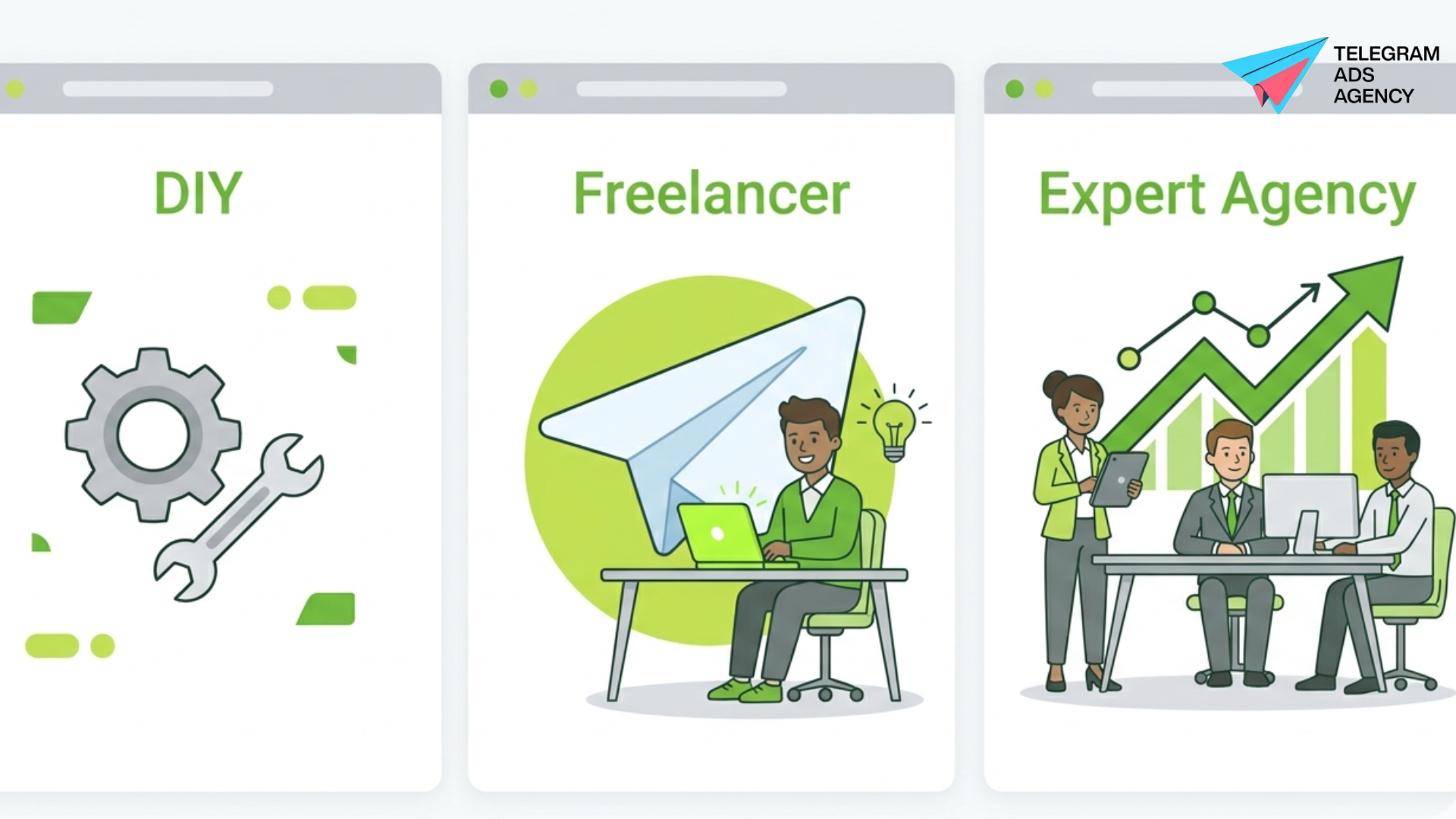 2D vector Telegram Ads Agency Comparison showing DIY icons, a freelancer at a desk, and a profession