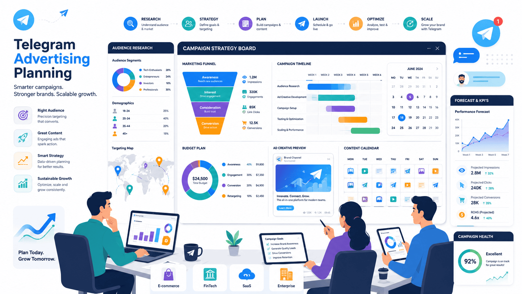 Planning board of telegram ads agency for brands with funnel strategy, timeline, and KPI forecasts