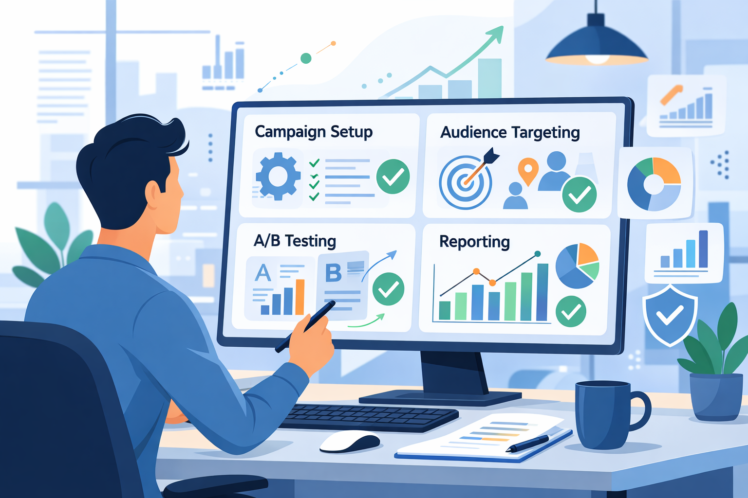 Telegram Ads Agency Pricing dashboard showing campaign setup, targeting, A/B testing, and reporting metrics