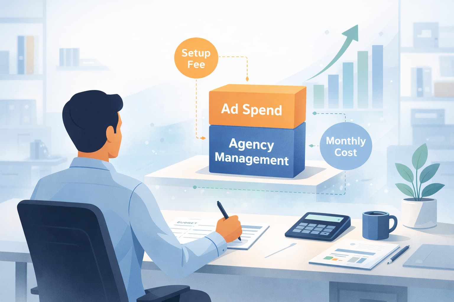 Telegram Ads Agency Pricing diagram showing agency management cost, ad spend, and monthly campaign budget