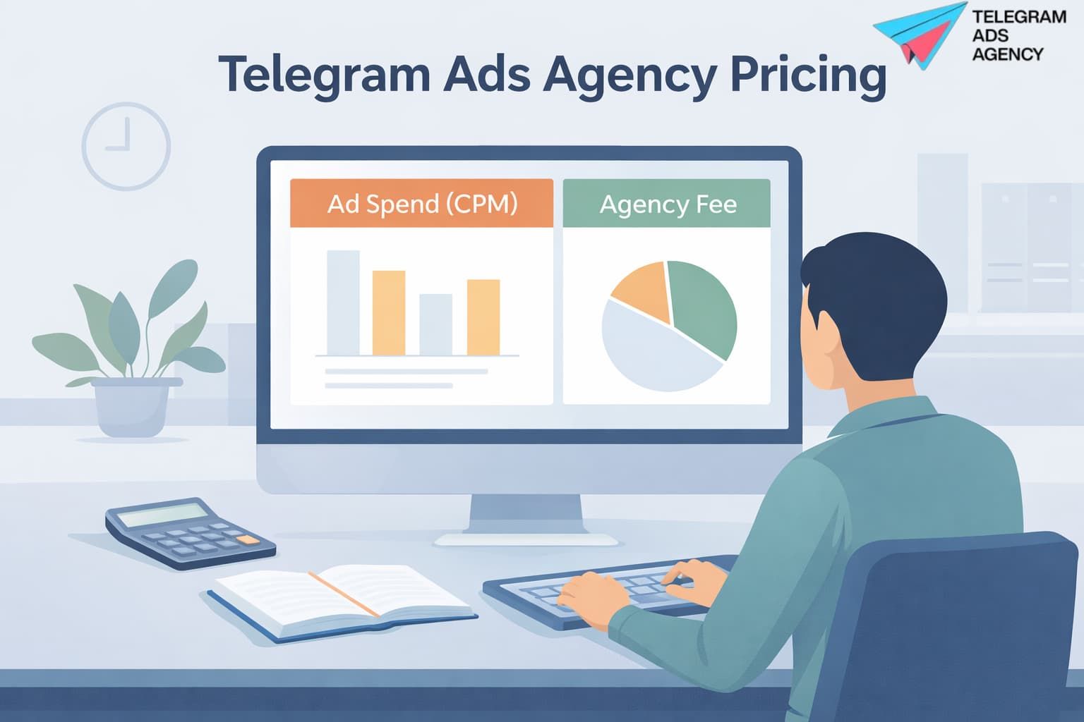 Telegram Ads Agency pricing concept with marketer analyzing ad spend & agency fee data on dashboard