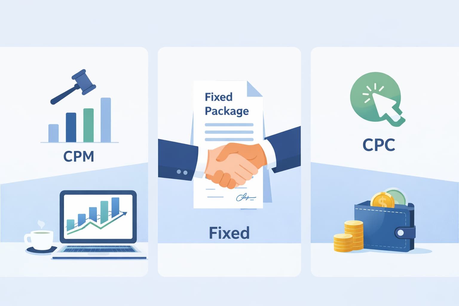 Telegram Advertising Agency Pricing Plans diagram showing CPM auction model, fixed sponsorship package, and CPC ad pricing