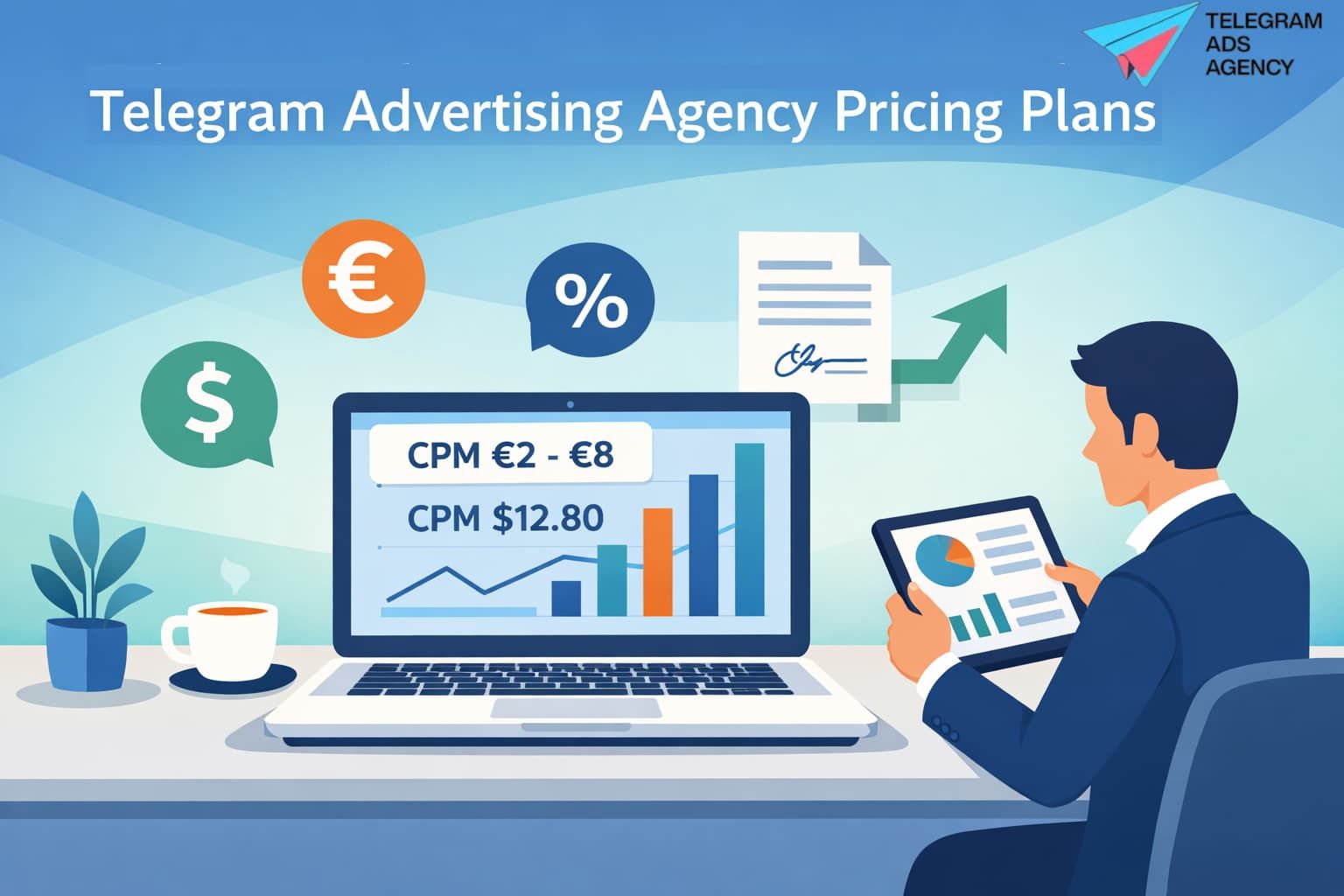 Telegram Advertising Agency Pricing Plans concept showing charts, currency icons, and marketer