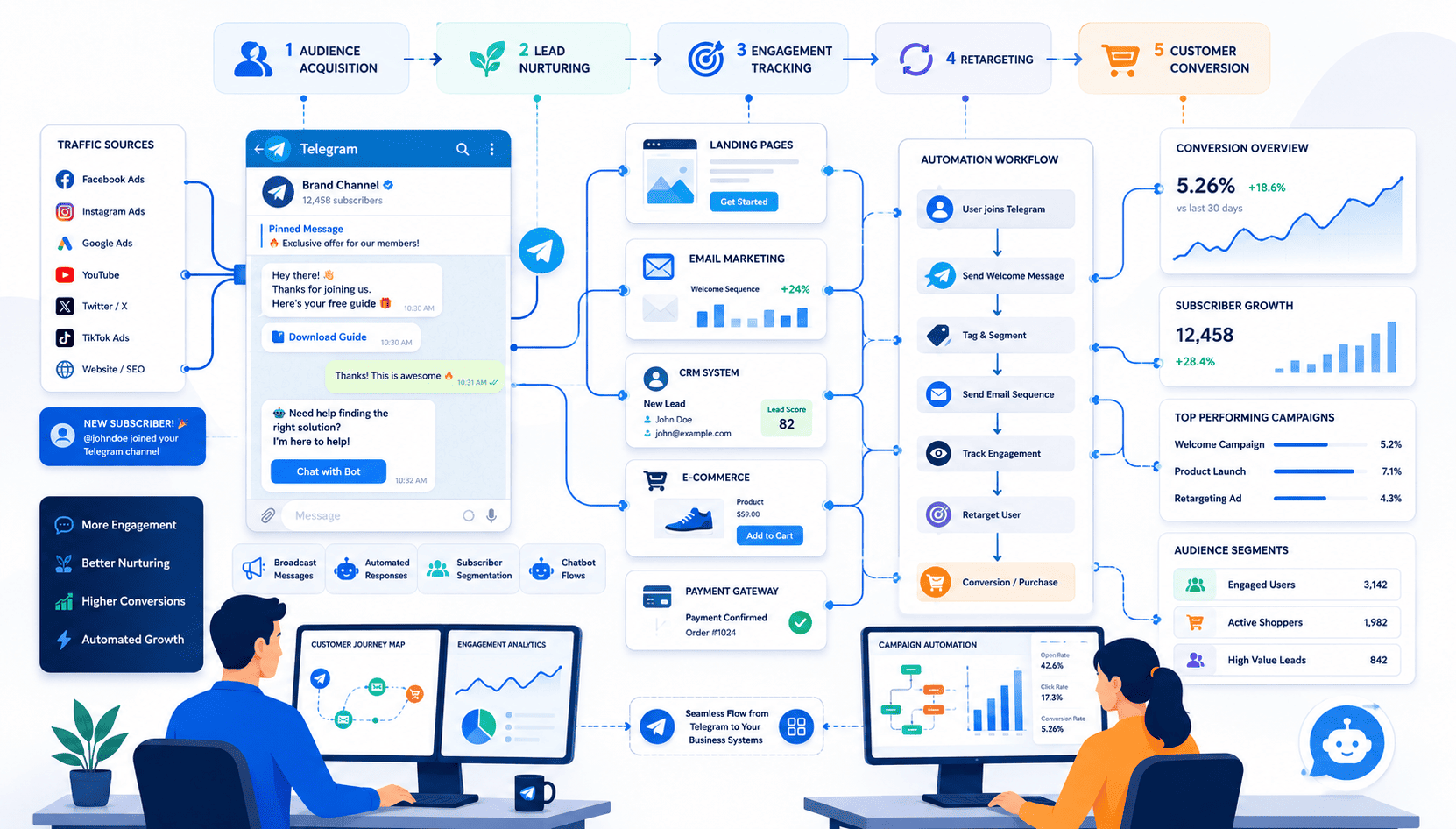 Marketer using top Telegram marketing solutions for brands to automate lead nurturing and customer conversion workflows