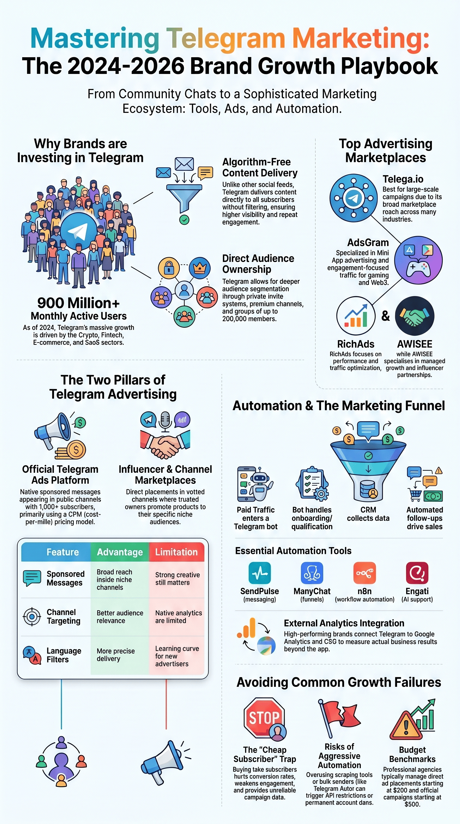 Infographic showing top telegram marketing solutions for brands, covering ads, automation tools, and growth strategies.
