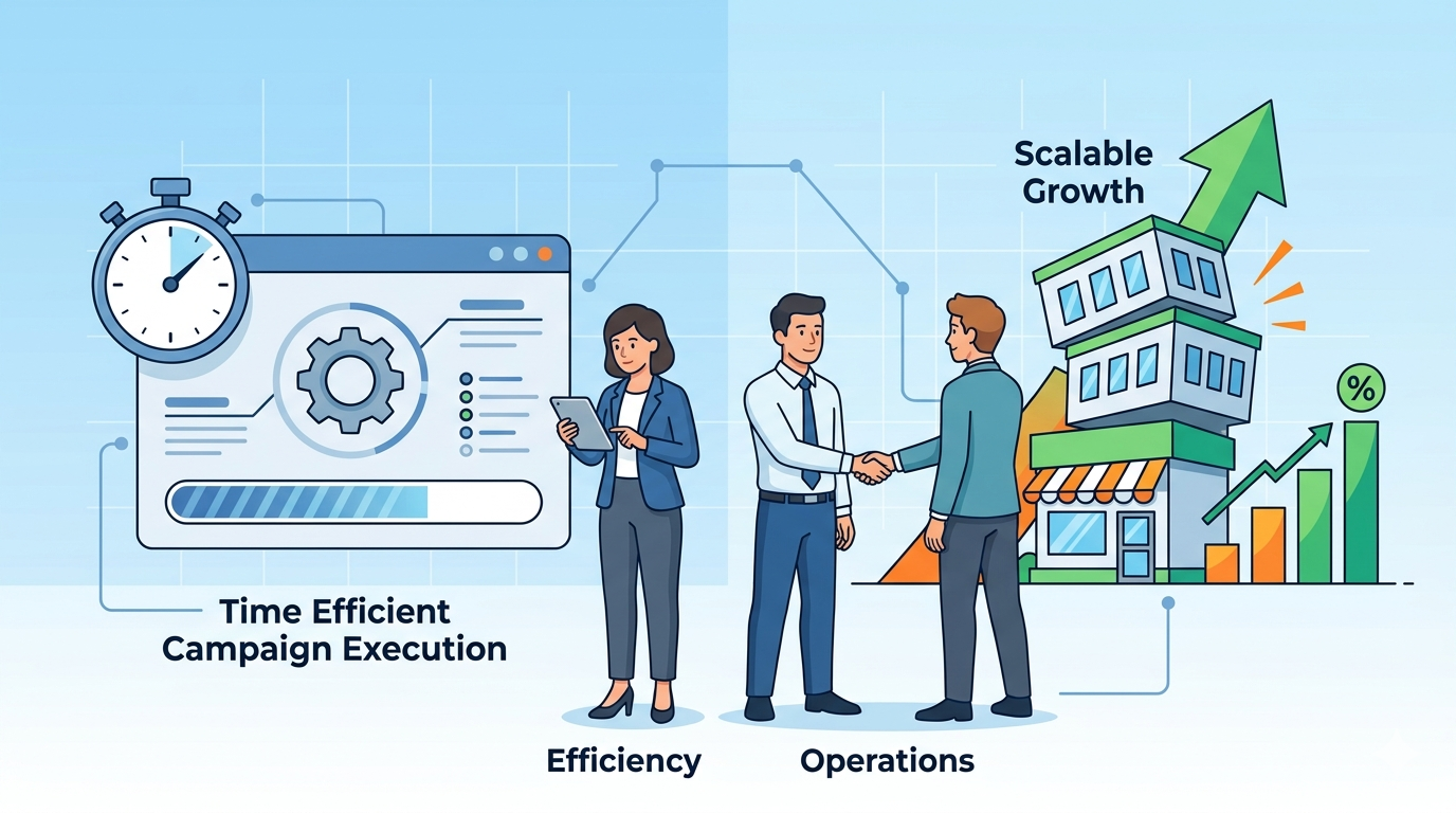 Illustrating time efficiency and scalable growth as key advantages of using a telegram ads agency.