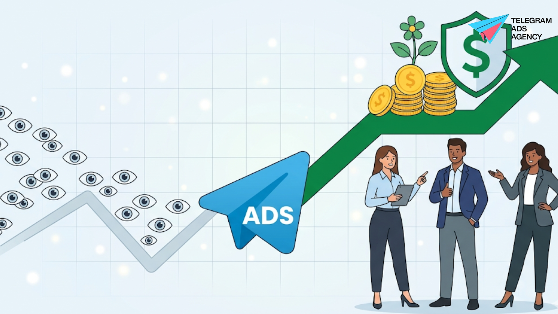 A vector graphic showing how the advantages of using a telegram ads agency turn views into high ROI.