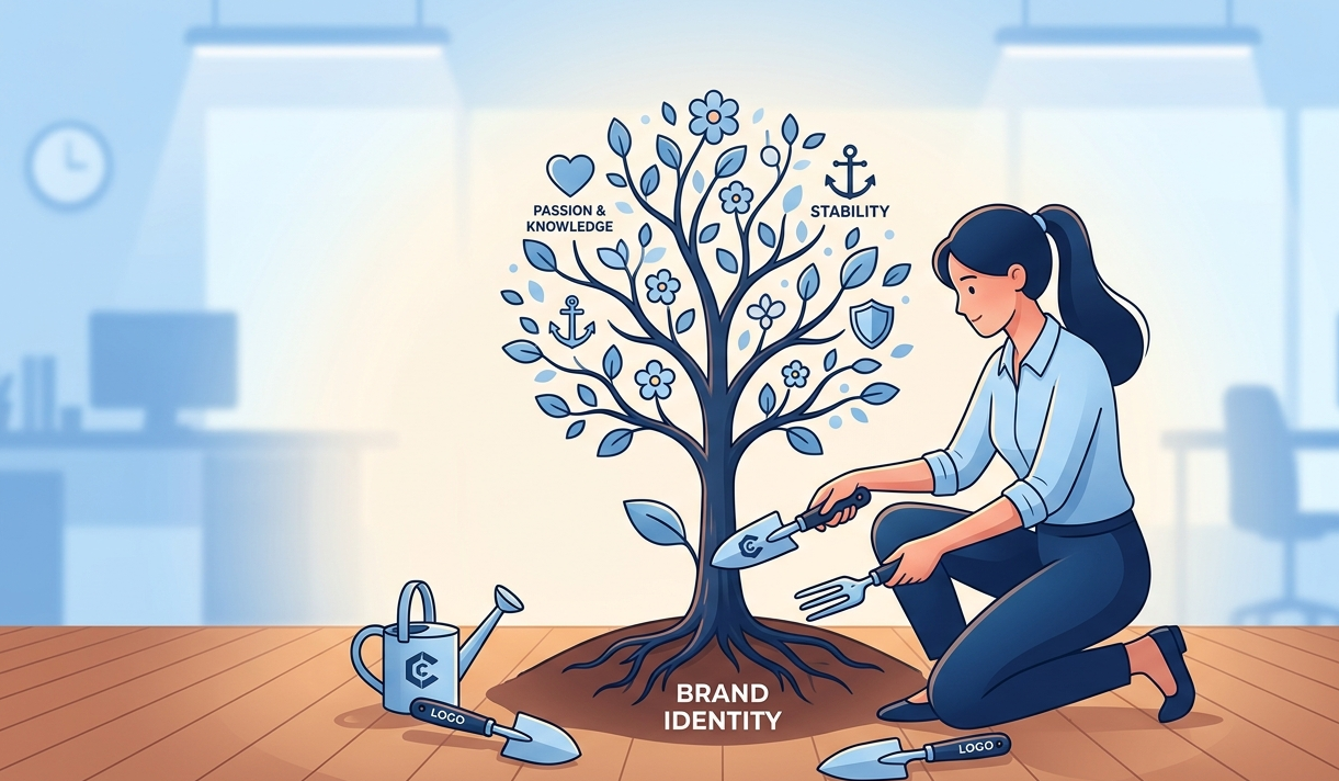 Internal marketing team professional nurturing a brand identity tree to show deep brand knowledge and stability.