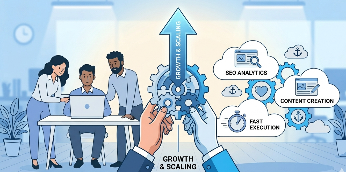 Hybrid agency vs internal marketing team working together with gears to drive business growth and scaling.