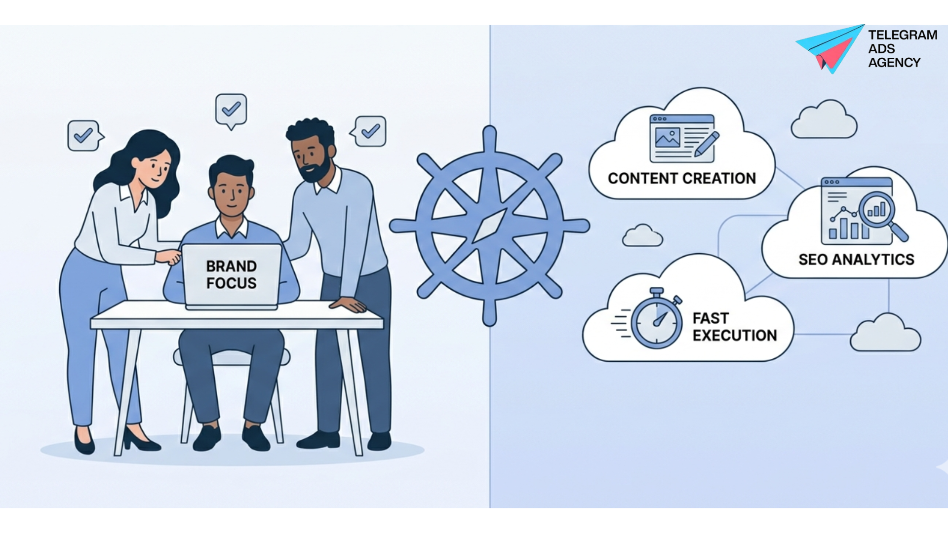 Flat vector comparison of agency vs internal marketing team capabilities like SEO analytics and bran