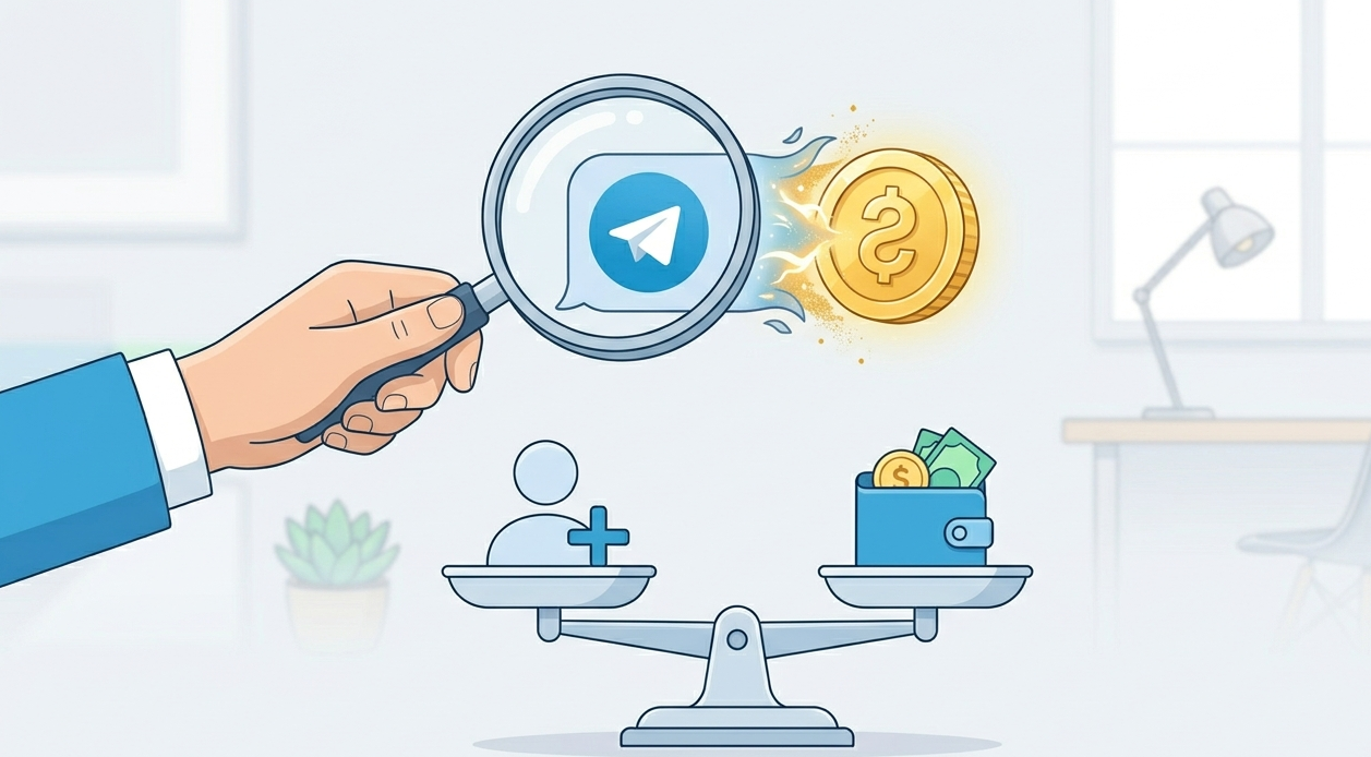 Hand holding a magnifying glass over a Telegram coin, illustrating the process of calculating ROI for Telegram advertising.
