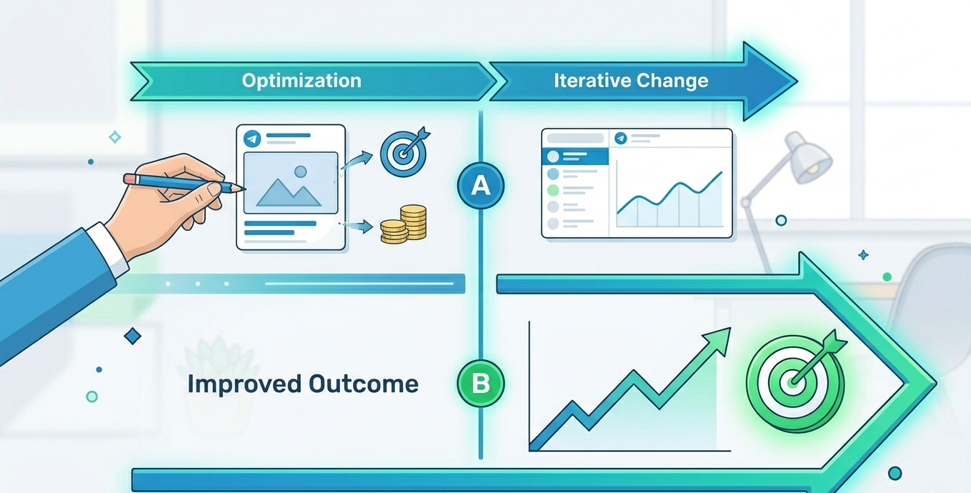 Split-screen showing A/B testing and upward growth trends for calculating ROI for Telegram advertising effectively.