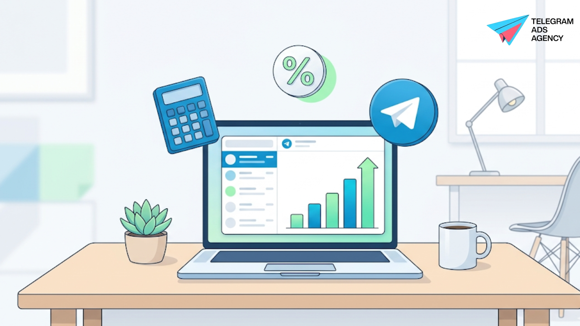 Laptop showing growth charts and icons for calculating ROI for Telegram advertising on a modern offi
