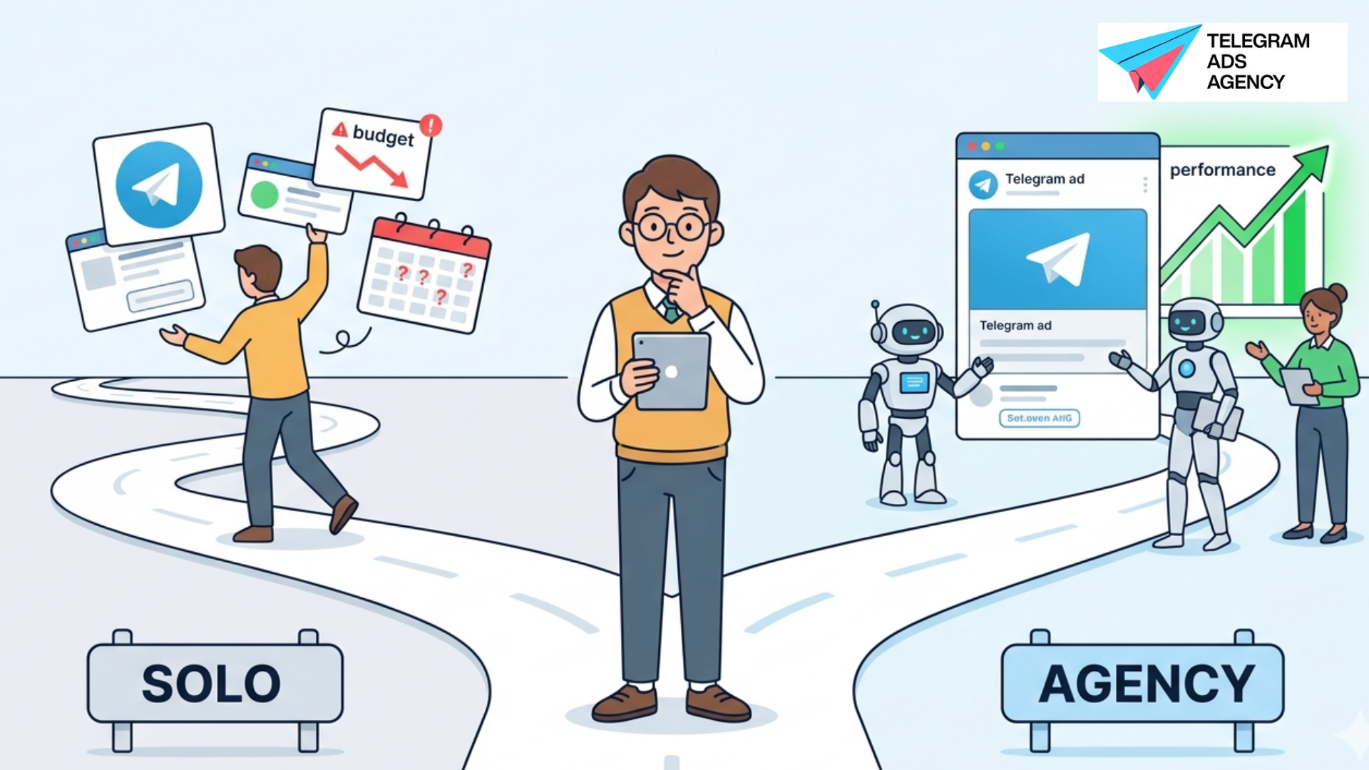A professional choosing between agency or solo paths; can businesses handle telegram ads solo