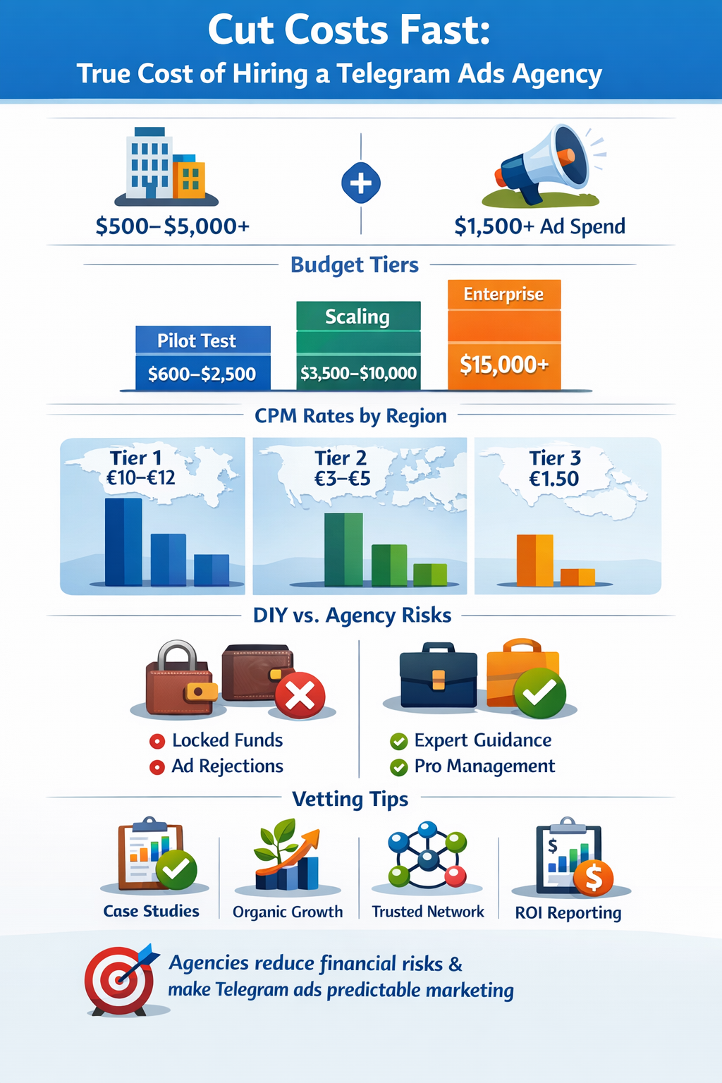 A infographic detailing the elements that go into the cost of hiring a Telegram ads agency, like growth and ROI