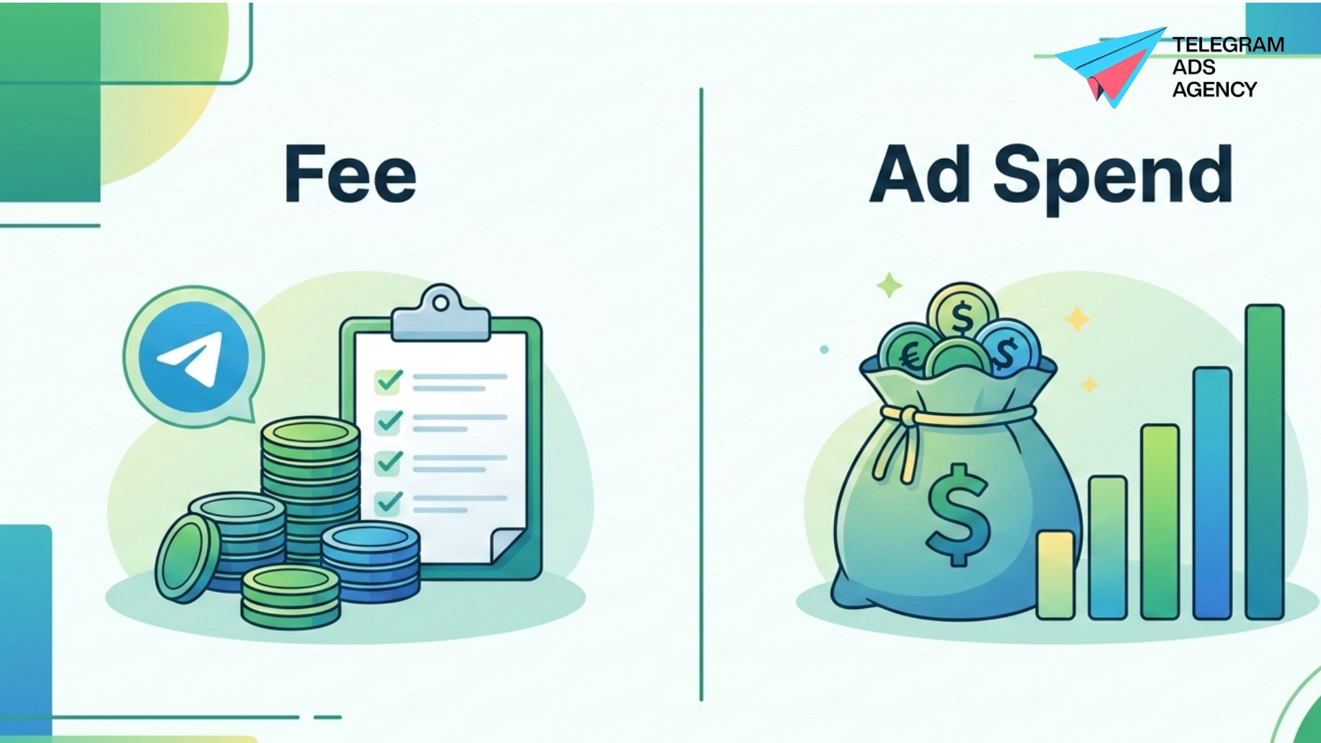 A split-scene vector illustration weighs the costs and benefits of hiring a Telegram ads agency.