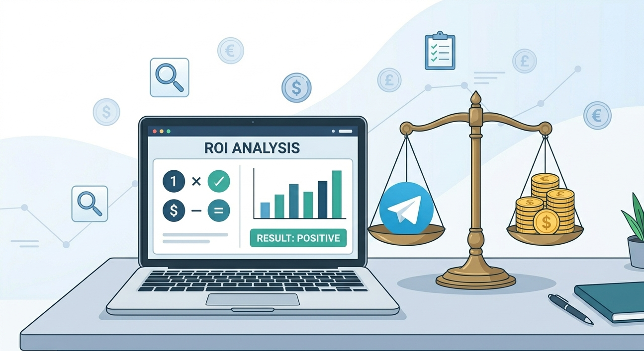 An ROI analysis on a laptop and balanced scale to determine if does telegram advertising deliver results for businesses.