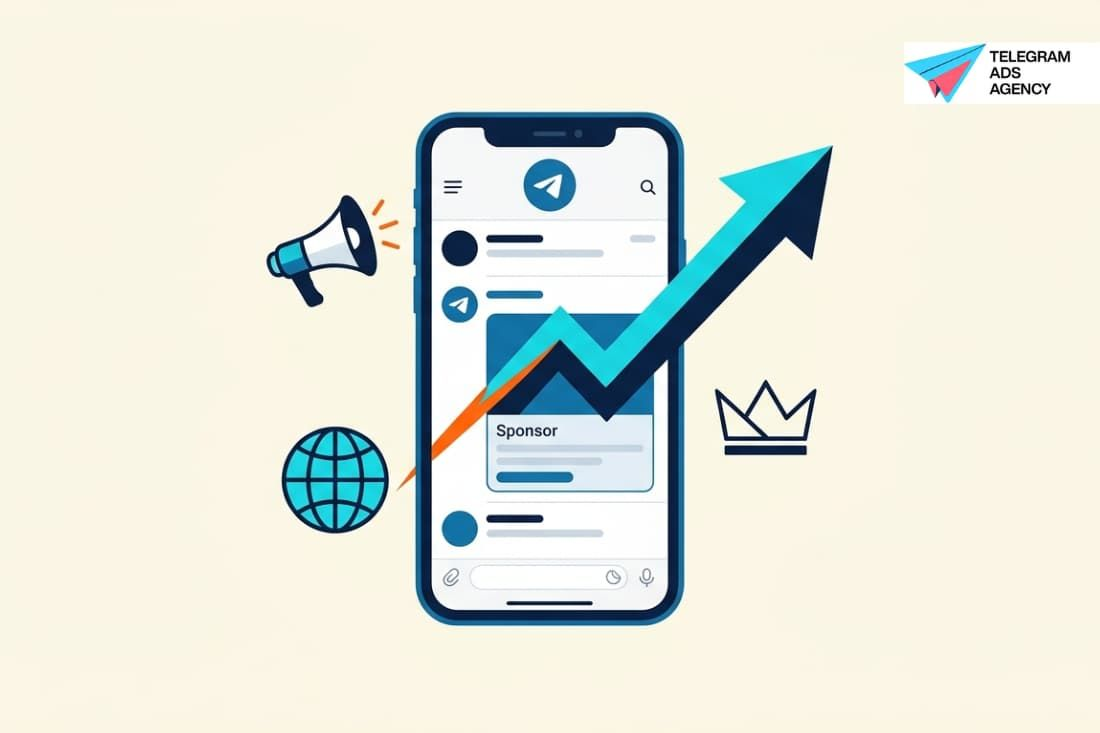 Smartphone displaying a Telegram sponsored post with growth arrow, representing driving brand growth