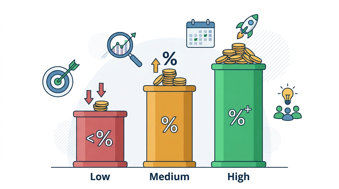 Benchmark ranges from low to high showing the expected ROI from Telegram ads based on funnel quality.
