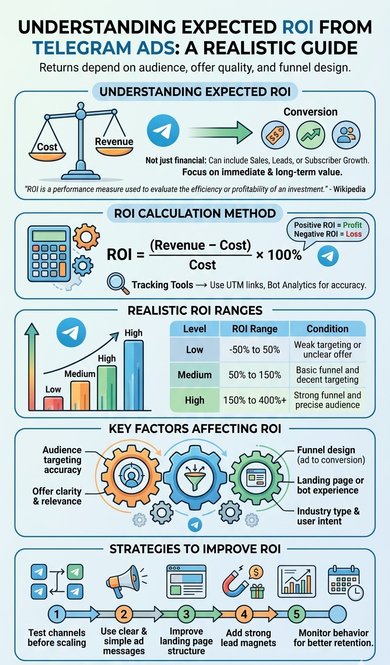 Comprehensive guide showing how to calculate and achieve the expected ROI from Telegram ads for business.
