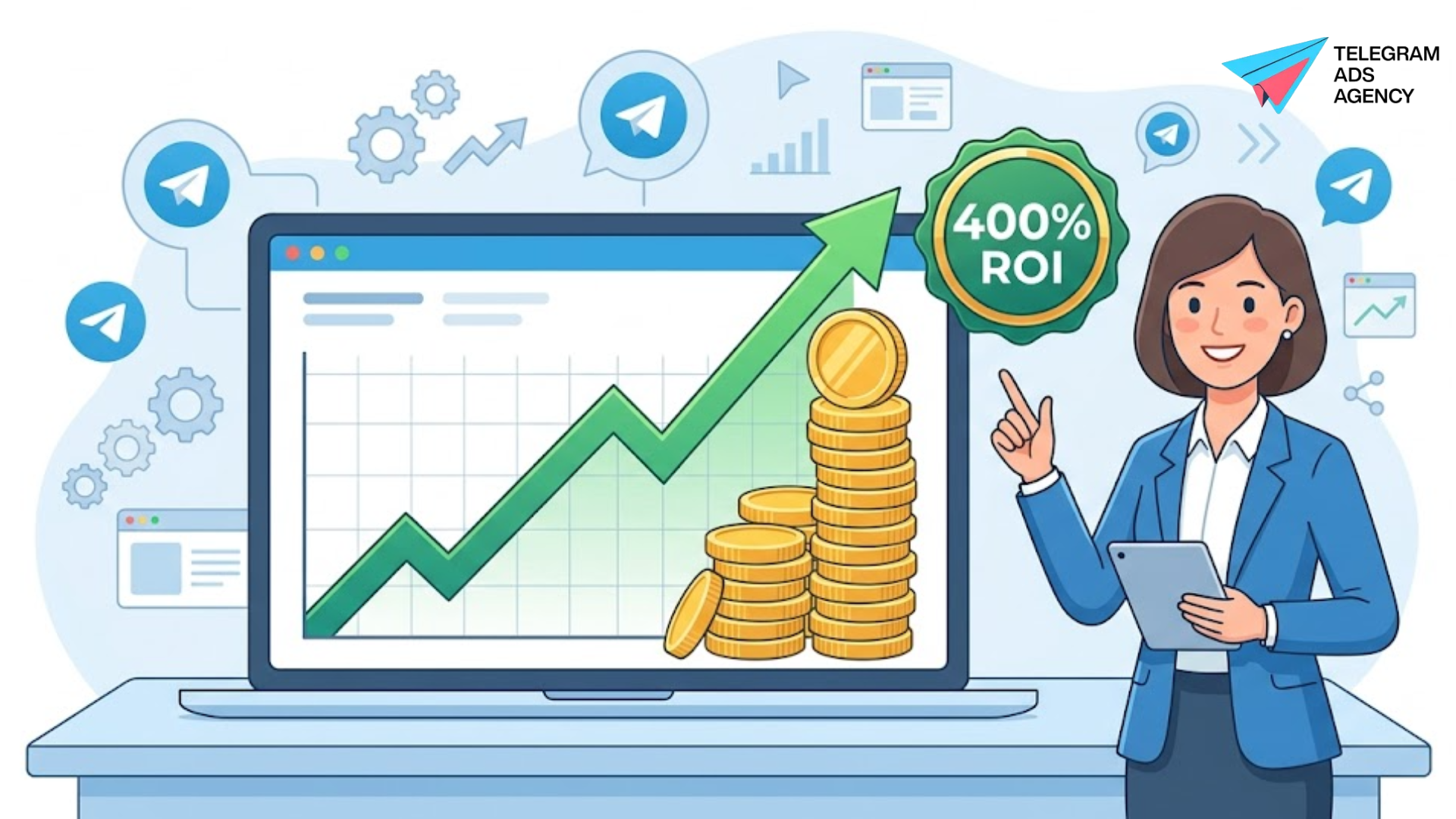 Professional character presenting a 400% expected ROI from Telegram ads on a digital dashboard