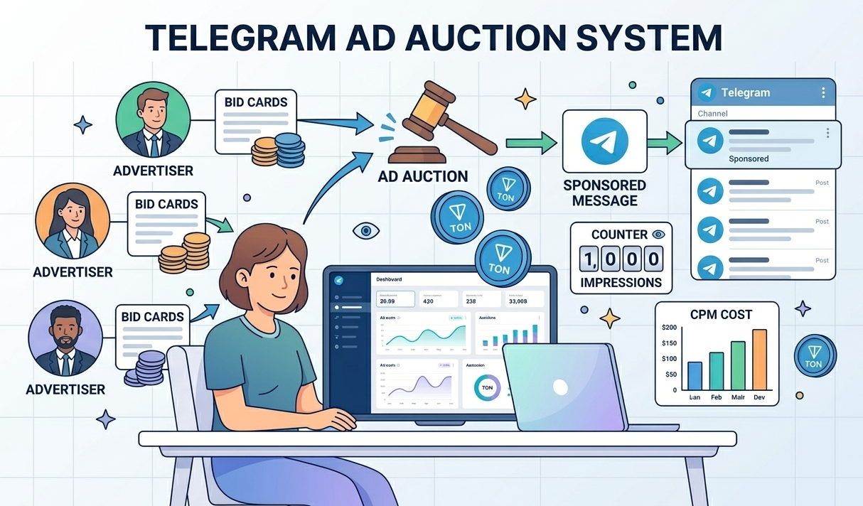 Auction system visual showing bid cards and coins. A visual explanation of telegram ads pricing and CPM models.