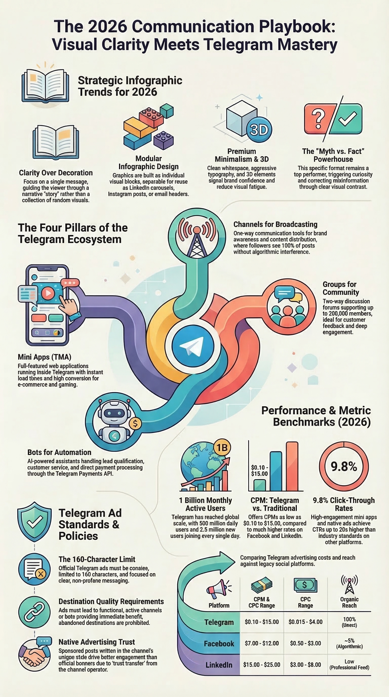 Infographic of marketers analyzing data. Includes a clear explanation of telegram ads pricing for 2026 budgets.