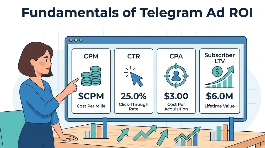 2D illustration of a digital analytics screen displaying the four fundamentals of Telegram ad ROI metrics.