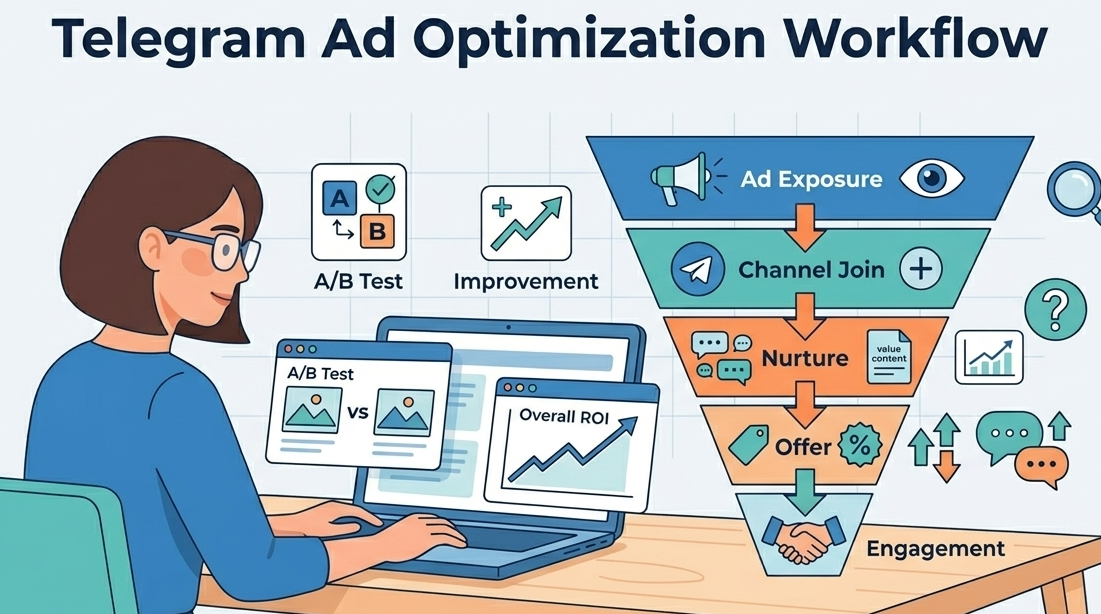 Flat vector scene of a strategist at a desk reviewing charts for the fundamentals of Telegram ad ROI.