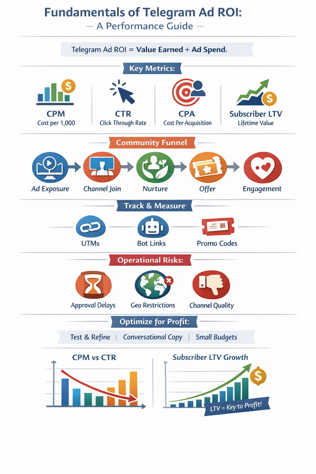 Infographic of an ad optimization workflow highlighting the fundamentals of Telegram ad ROI and A/B testing.