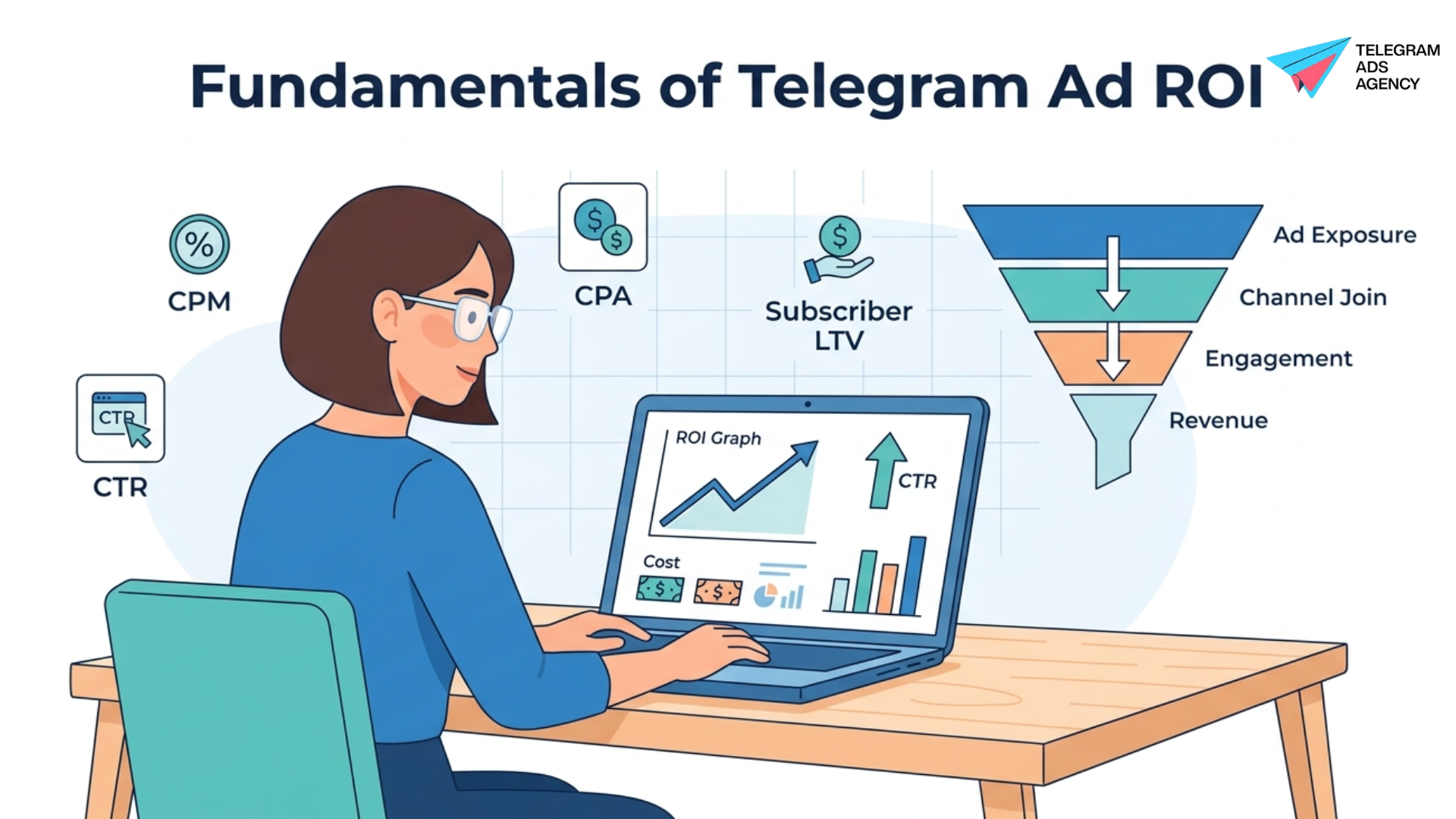 Marketer analyzing a laptop dashboard showing the fundamentals of Telegram ad ROI with a conversion