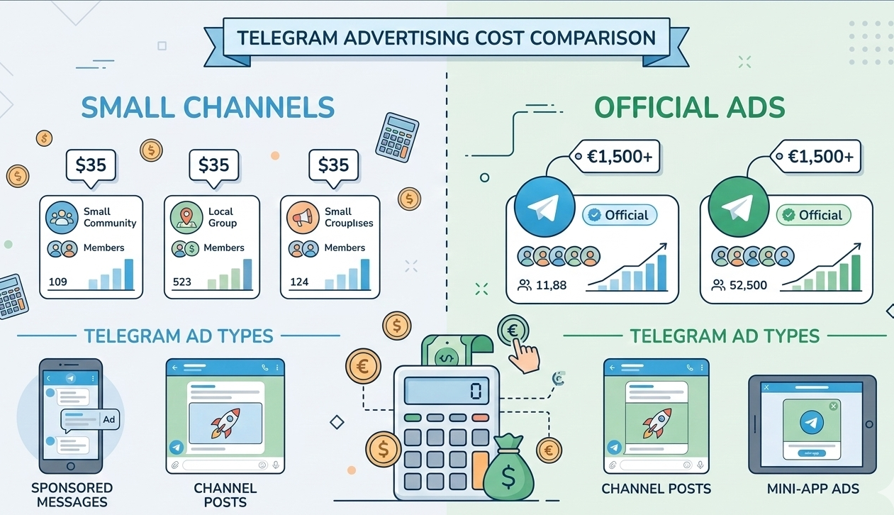 Graph comparing how much Telegram ad agencies charge versus direct platform costs and minimum entry deposits