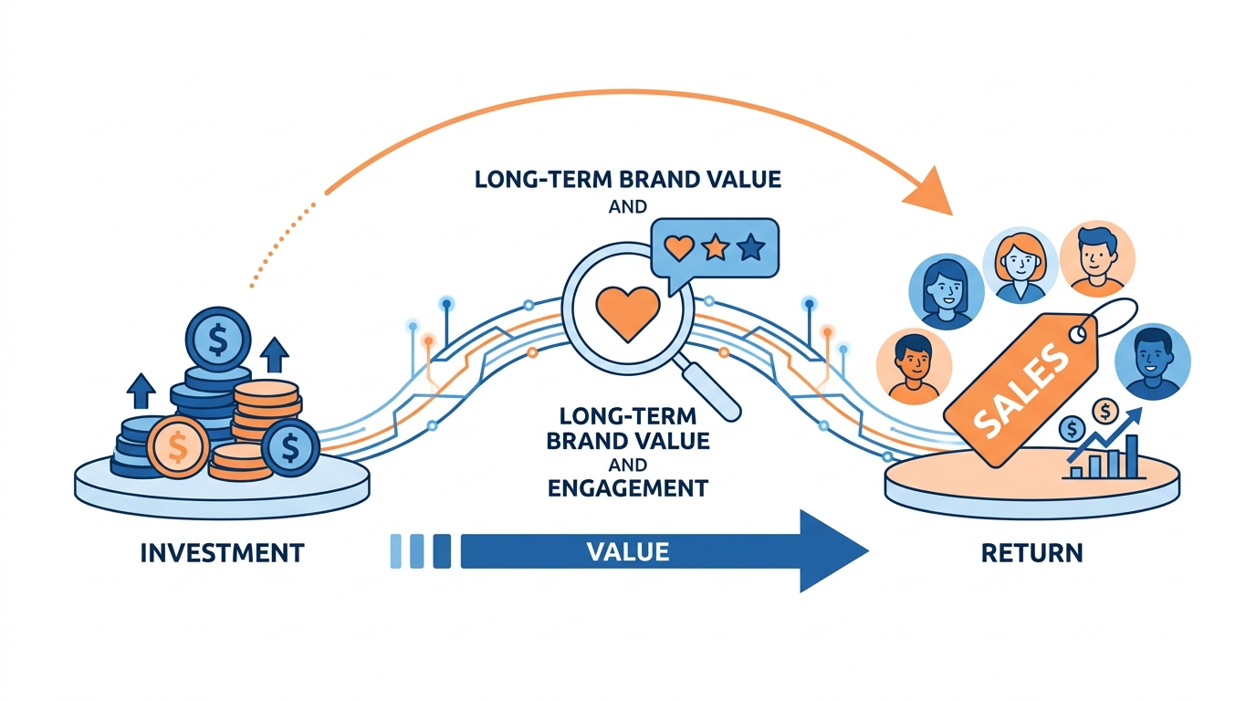 Illustration showing how Telegram ad ROI is measured via investment, return, and long-term brand value exchange.