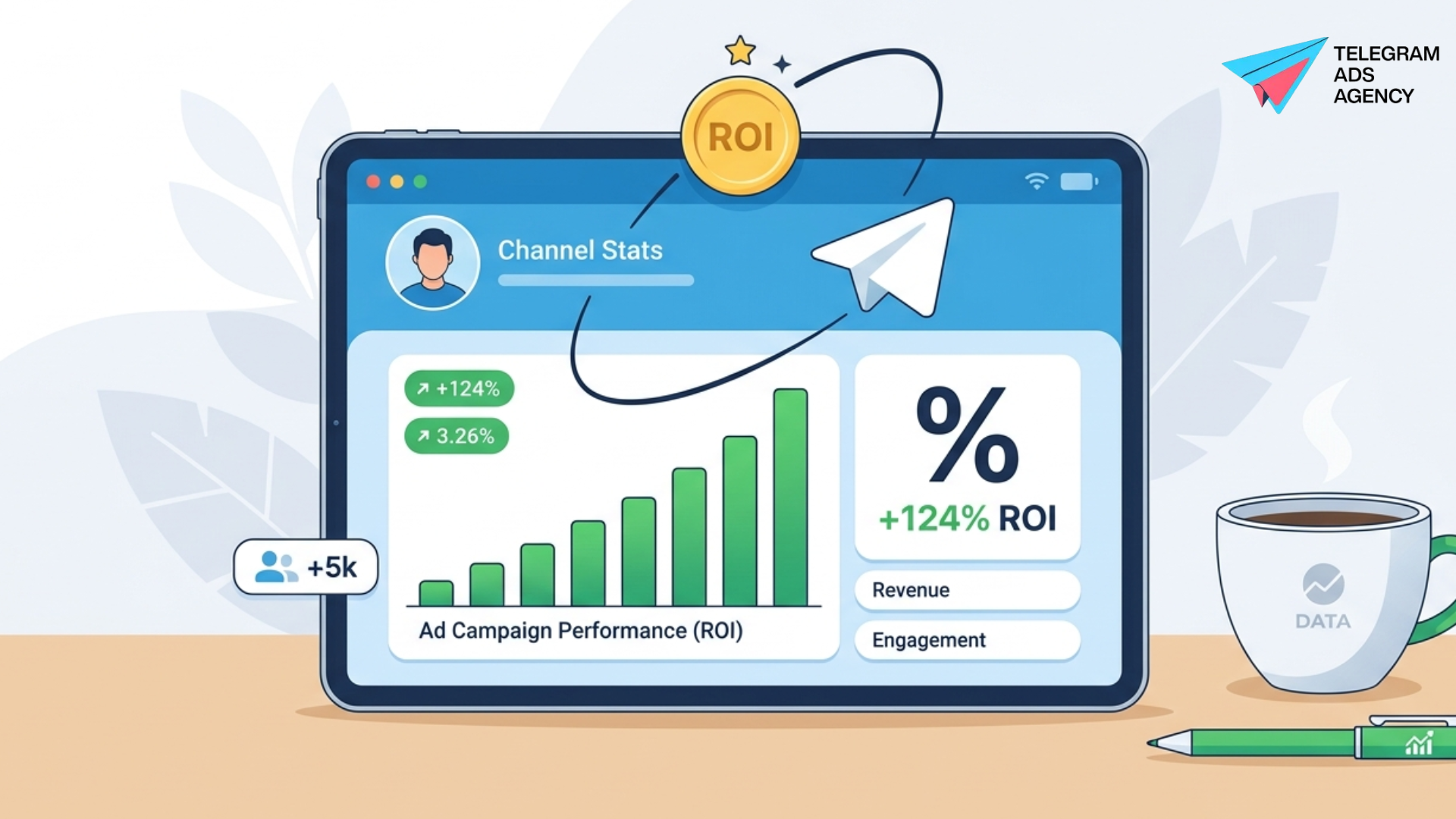 Digital dashboard display visualizing how Telegram ad ROI is measured with growth charts and perform