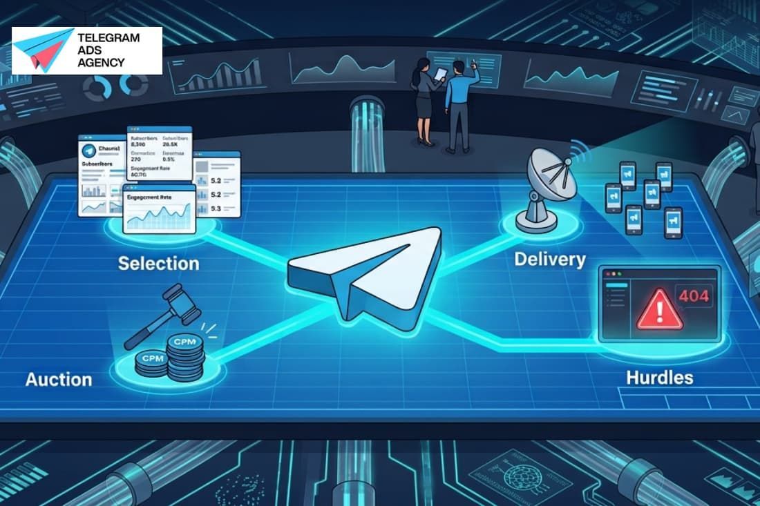 Command center visual showing selection, auction, delivery, and hurdles in how telegram ad campaigns