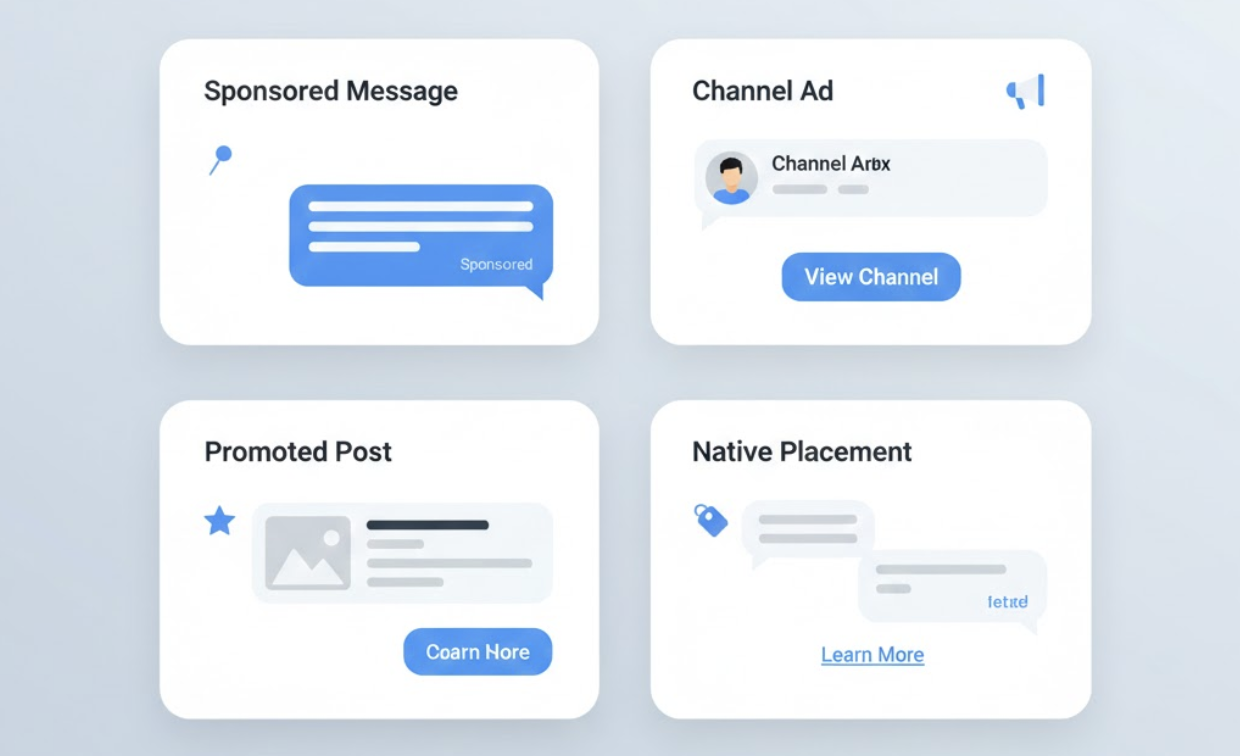 Visual comparison of Telegram's ad formats including sponsored messages, inline ads, and channel promotions.