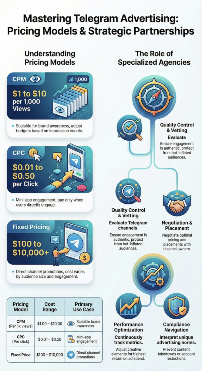 Graph illustrating Telegram's various ad pricing structures like cost-per-click, cost-per-impression, and promoted posts