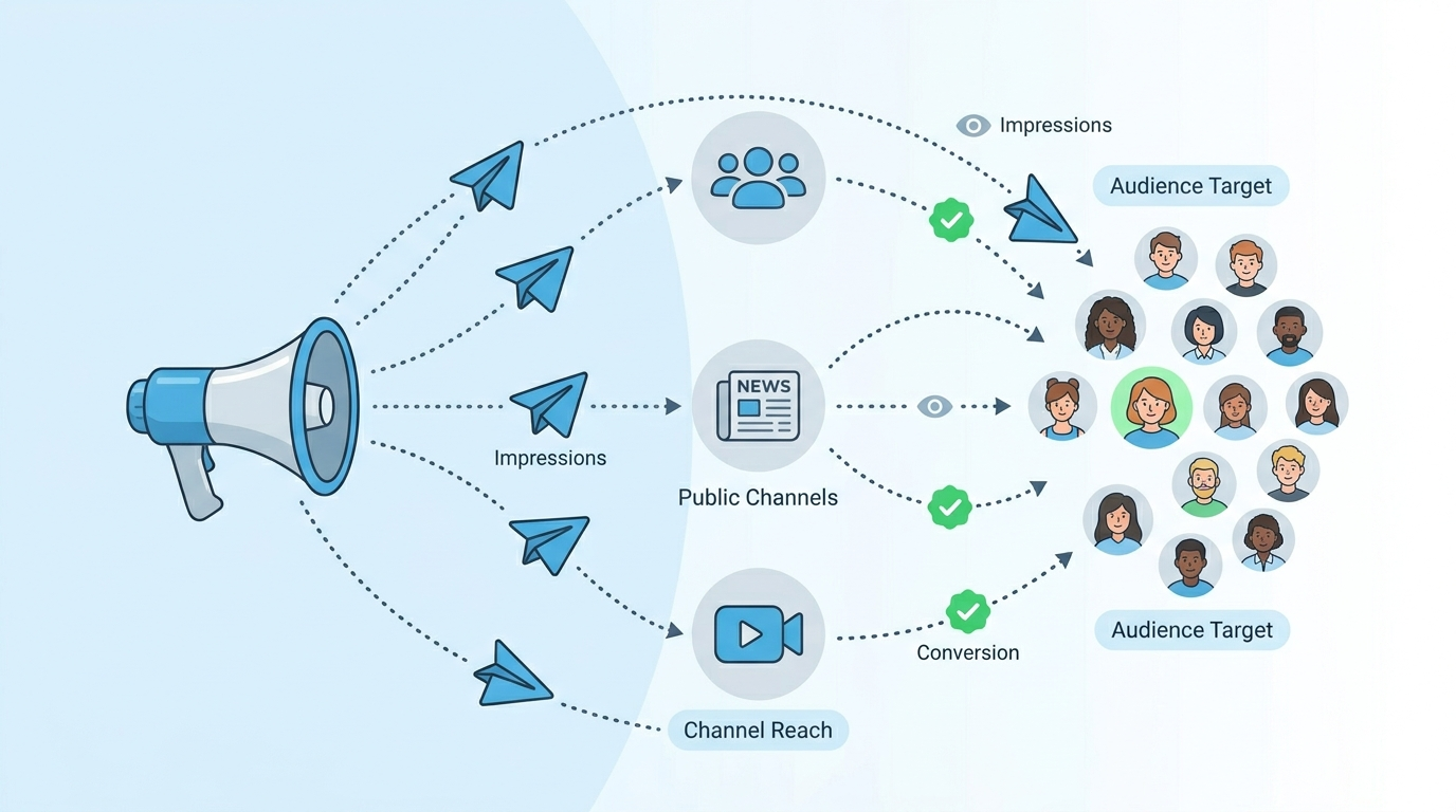 Diagram showing audience targeting and conversion paths to show is advertising on telegram profitable.