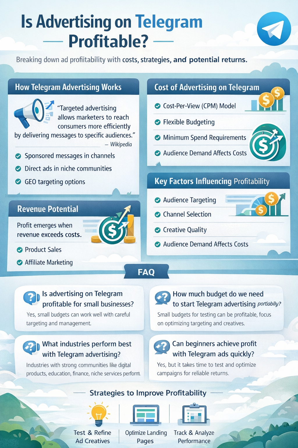Infographic breaking down costs and strategies to answer: is advertising on telegram profitable?