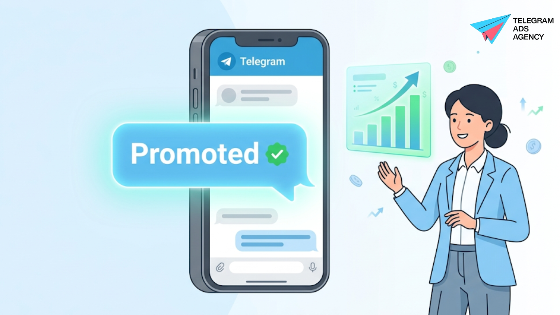 Illustration of a promoted post and growth chart exploring is advertising on telegram profitable.