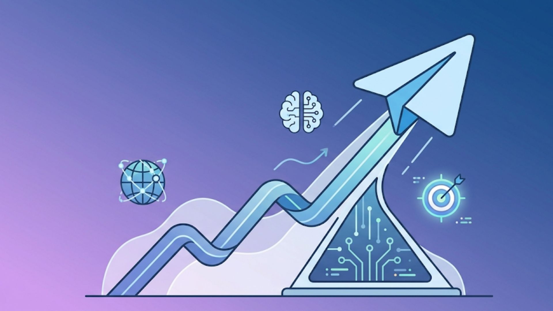 Forward-looking vector illustration of an upward growth graph for managed telegram ad campaigns. 