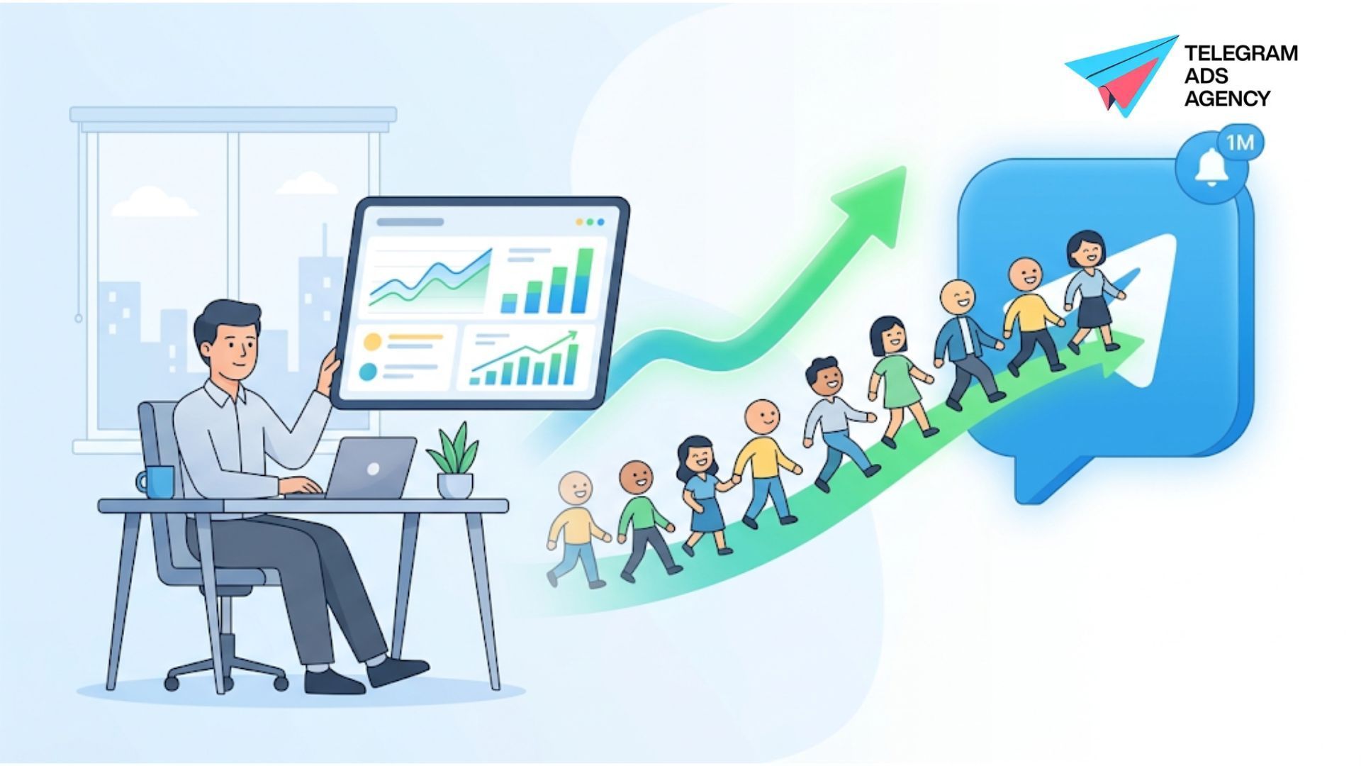 Marketer driving subscriber growth on a digital dashboard using managed telegram ad campaigns. 