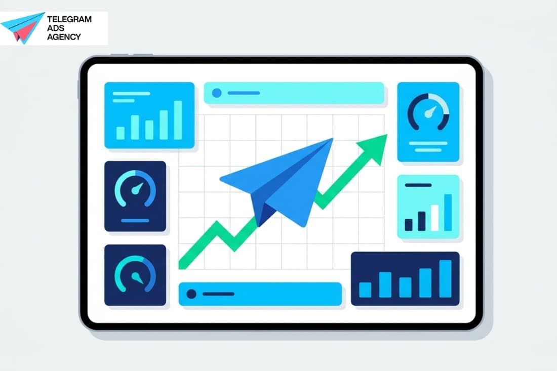 Tablet dashboard with charts and KPIs for managing telegram ad performance and campaign growth