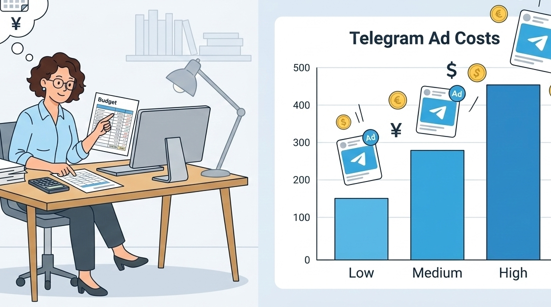 Business owner reviewing a bar chart and budget for monthly pricing for telegram ad management.