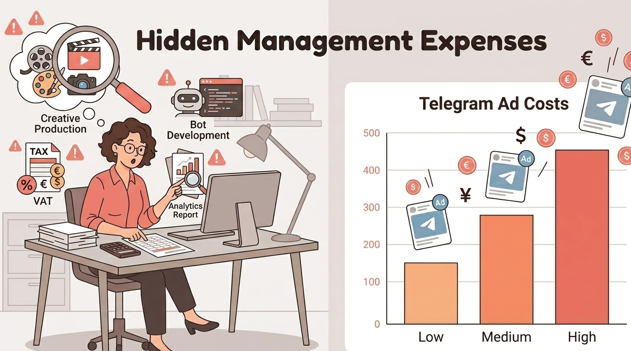 Split-screen art showing a workspace and cost analysis of monthly pricing for telegram ad management.