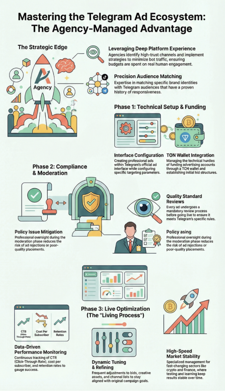 Collaborative workflow depicting the partnership between advertisers and Telegram advertising agencies for campaign success.