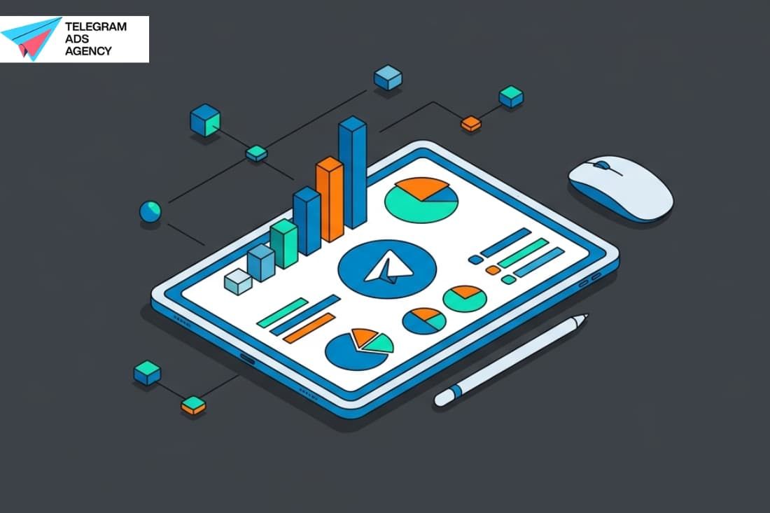 Tablet with analytics charts and graphs visualizing an overview of telegram campaign management metr