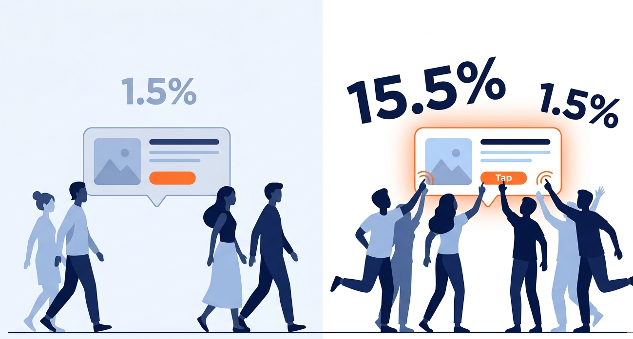 Comparing low and high engagement performance benchmarks for Telegram ads with user silhouettes and ad bubbles.